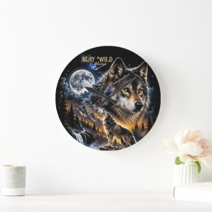 Wolf heult den Mond an Wald Wildtiere Natur Große Wanduhr