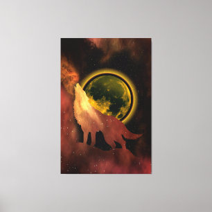 WOLF HEULT IM MOND GALAXIE IM WELTRAUM LEINWANDDRUCK