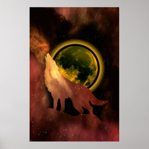 WOLF HEULT IM WELTRAUM MOND GALAXIE POSTER