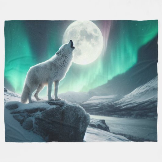 "Wolf heult in die Aurora-Lichter" Fleecedecke (Vorderseite (Horizontal))