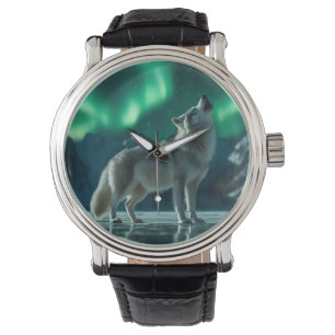 Wolf heult unter den Nordlichtern Armbanduhr