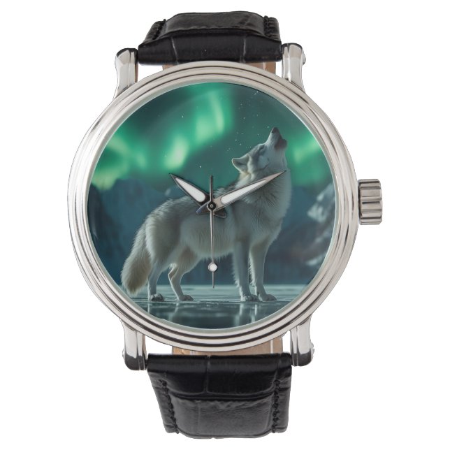Wolf heult unter den Nordlichtern Armbanduhr (Vorderseite)
