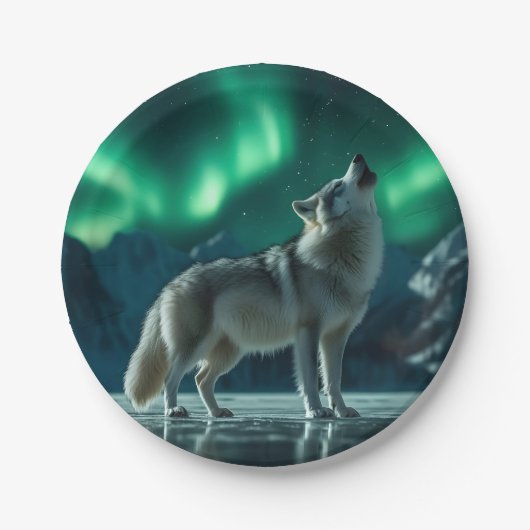 Wolf heult unter den Nordlichtern Pappteller (Vorderseite)