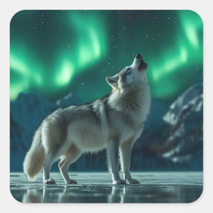Wolf heult unter den Nordlichtern Quadratischer Aufkleber