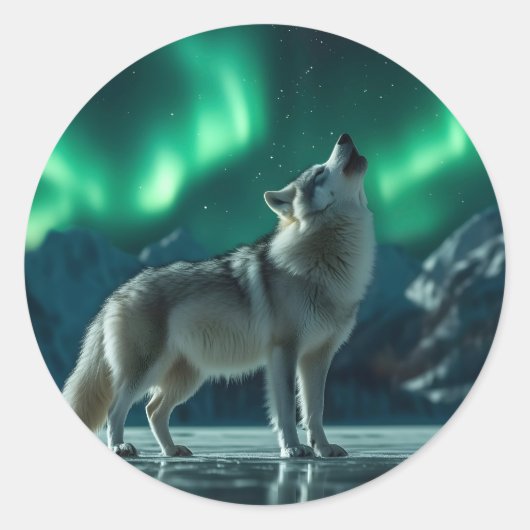 Wolf heult unter den Nordlichtern Runder Aufkleber (Vorderseite)