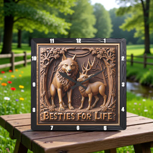 Wolf-Hirsch-Paar Holzskulptur Quadratische Wanduhr