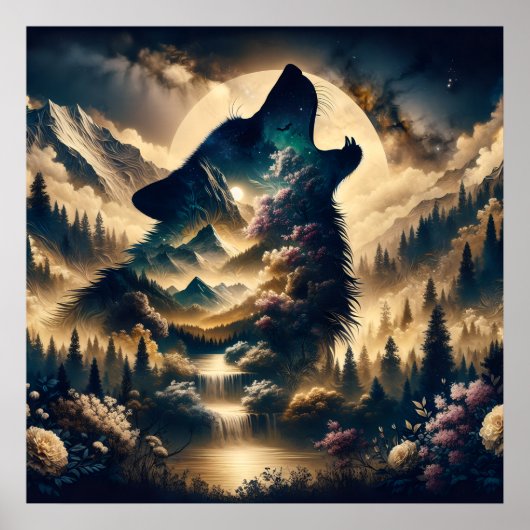 Wolf Howling am Mond Poster (Vorne)