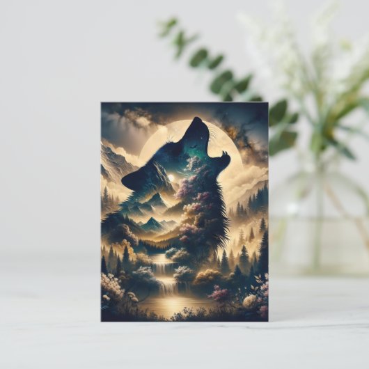 Wolf Howling am Mond Postkarte (Stehend Vorderseite)