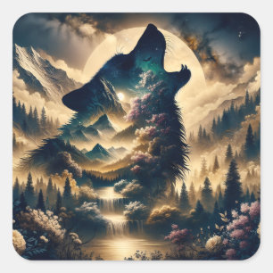 Wolf Howling am Mond Quadratischer Aufkleber