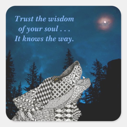 Wolf Howling am Mond Quadratischer Aufkleber (Vorderseite)