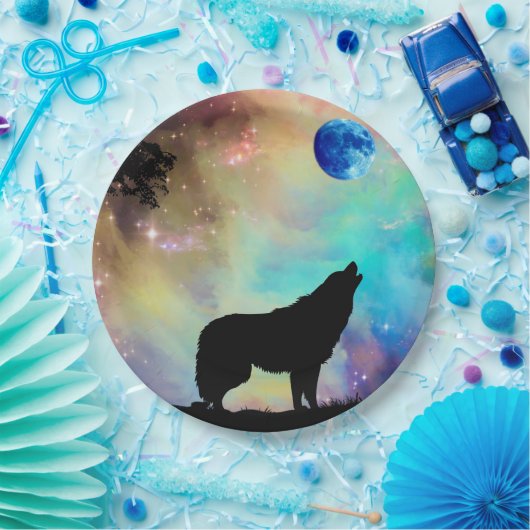 Wolf Howling am Mondgalaxie Sternentier Pappteller (Party)