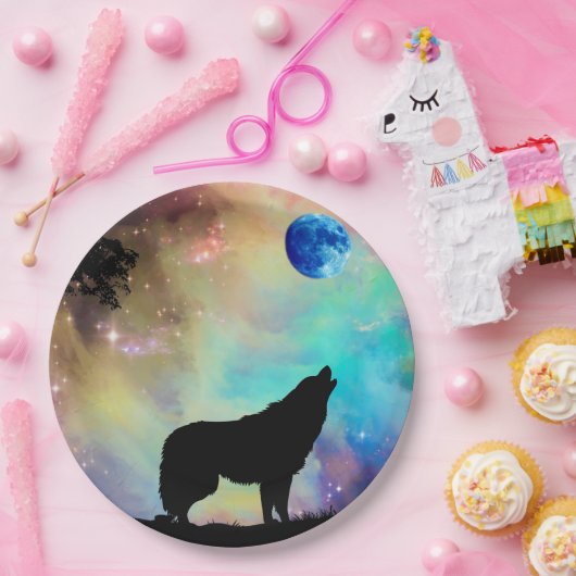 Wolf Howling am Mondgalaxie Sternentier Pappteller (Party)
