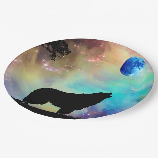 Wolf Howling am Mondgalaxie Sternentier Pappteller (Schrägansicht)