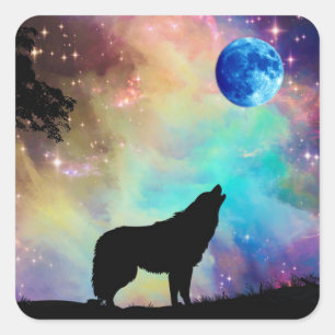 Wolf Howling am Mondgalaxie Sternentier Quadratischer Aufkleber
