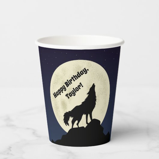 Wolf Howling am Moon Midnight Blue Pappbecher (Rückseite)