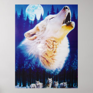 Wolf Howling am Vollblauen Mond Poster