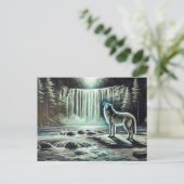 Wolf Howling at Moon by Waterfall Postkarte (Stehend Vorderseite)