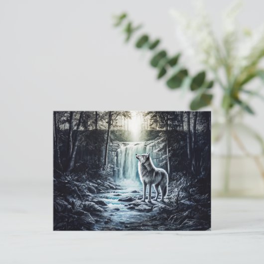 Wolf Howling at Moon by Waterfall Postkarte (Stehend Vorderseite)