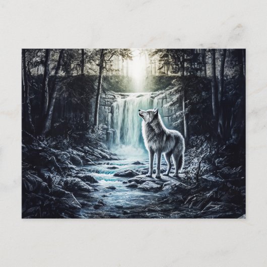 Wolf Howling at Moon by Waterfall Postkarte (Vorderseite)