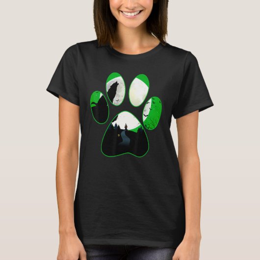 Wolf Howling auf dem Mond Green Dog Paw Halloween T-Shirt (Vorderseite)