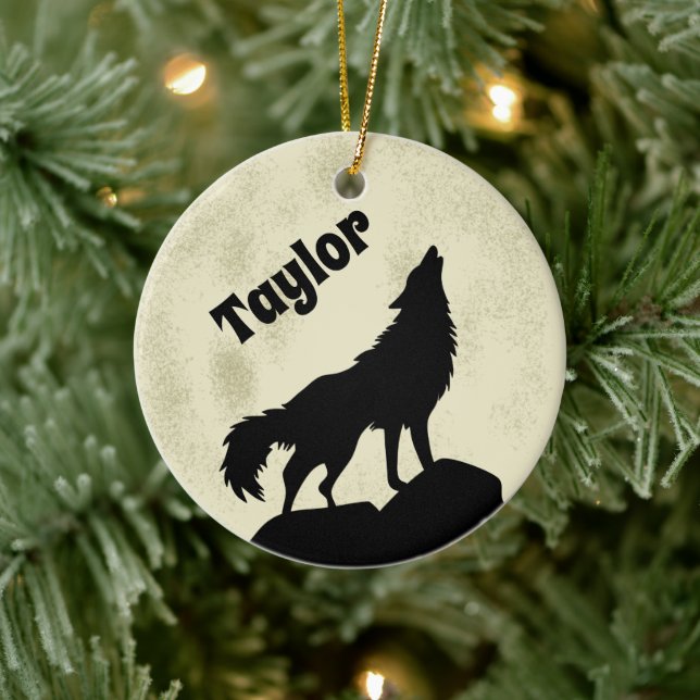 Wolf Howling auf dem Mond Illustration Personalisi Keramik Ornament (Baum)