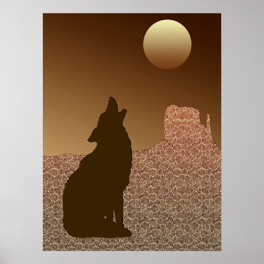 Wolf Howling auf dem Mond in Brown und Tan Poster (Vorne)