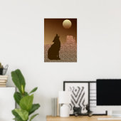 Wolf Howling auf dem Mond in Brown und Tan Poster (Heimbüro)