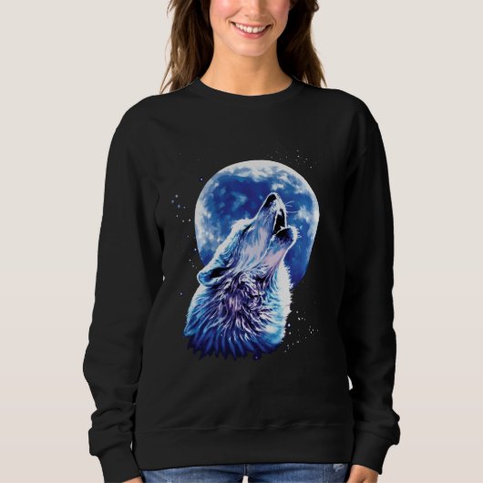 Wolf Howling auf dem Mond Lieben Wölfe Wasserfarbe Sweatshirt (Vorderseite)