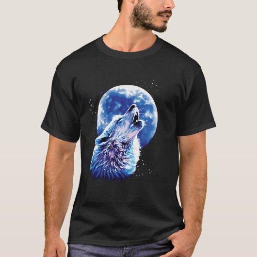 Wolf Howling auf dem Mond Lieben Wölfe Wasserfarbe T-Shirt (Vorderseite)