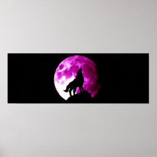 Wolf Howling auf dem Mond Panoramabild Poster Prin