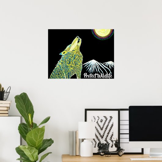 Wolf Howling auf dem Mond schützt Wildtiere Poster (Heimbüro)