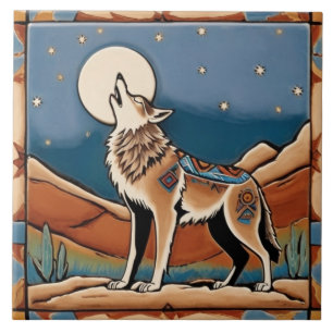 Wolf Howling auf dem Moon Southwestern Style Südwe Fliese