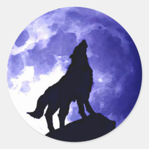 Wolf Howling bei Moon Blue Night Fullmoon Runder Aufkleber