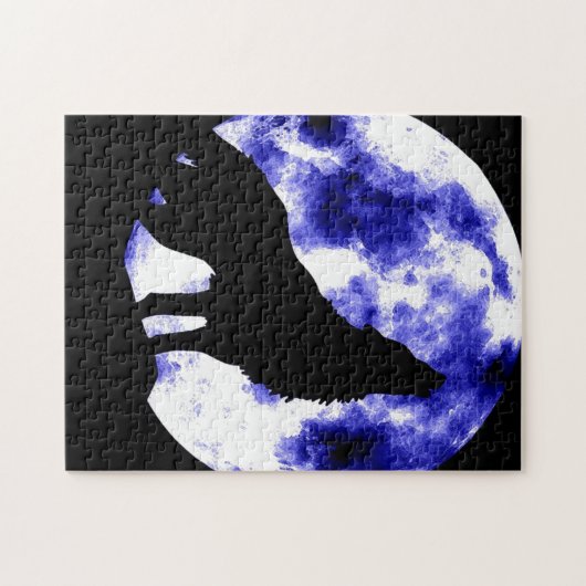 Wolf Howling bei Moon Blue Nşght Fullmoon Puzzle (Horizontal)