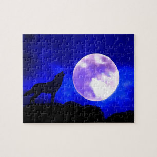 Wolf Howling beim Moon Blue Night Artwork Tierart Puzzle