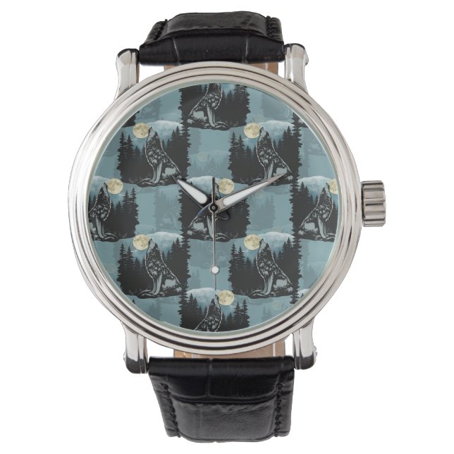 Wolf Howling beim Moon-Muster-Design Armbanduhr (Vorderseite)