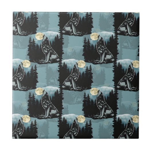Wolf Howling beim Moon-Muster-Design Fliese (Vorderseite)