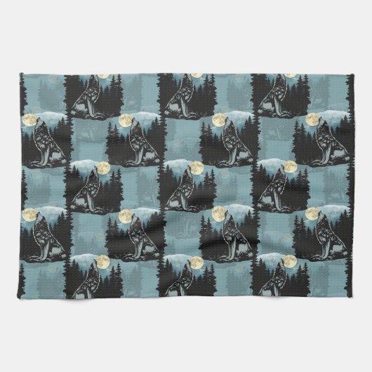 Wolf Howling beim Moon-Muster-Design Geschirrtuch (Horizontal)