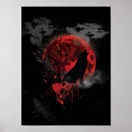 Wolf Howling Blood Red Moon Poster (Vorne)