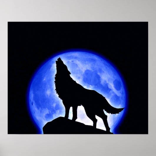 Wolf Howling Blue Full Moon Night Poster (Vorne)
