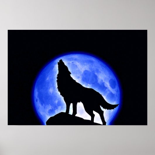 Wolf Howling Blue Full Moon Night Poster (Vorne)