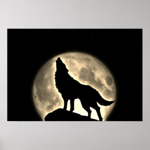 Wolf Howling Full Moon Night Vintag Sepia Poster
