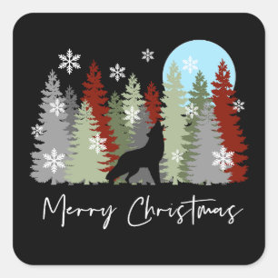Wolf Howling im Wald frohe Weihnachtsbaumen Quadratischer Aufkleber
