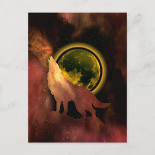 WOLF HOWLING IN SPACE MOON GALAXY POSTKARTE