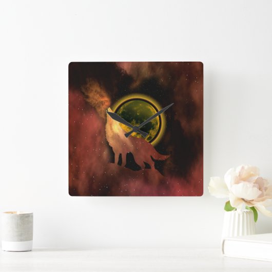 WOLF HOWLING IN SPACE MOON GALAXY QUADRATISCHE WANDUHR (Zuhause)