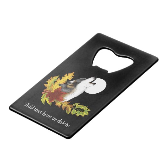 Wolf Howling Moon Geldbeutel Flaschenöffner (Vorderseite Schrägansicht)