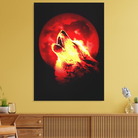 Wolf Howling & Red Moon Wrapped Canvas Leinwanddruck (Insitu (Wohnzimmer))