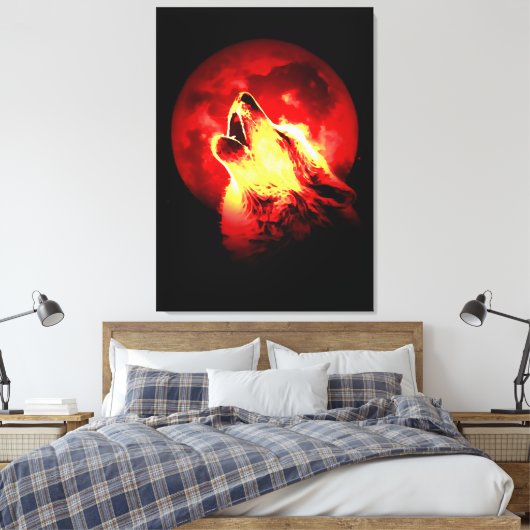 Wolf Howling & Red Moon Wrapped Canvas Leinwanddruck (Insitu (Schlafzimmer))