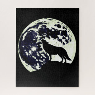 Wolf Howling Silhouette gegen einen Vollmond Puzzle