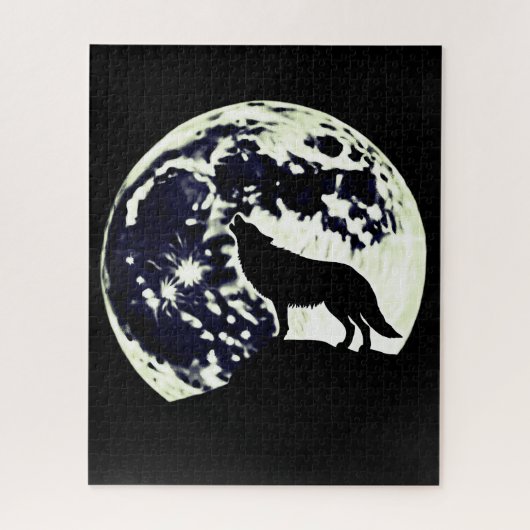 Wolf Howling Silhouette gegen einen Vollmond Puzzle (Vertikal)